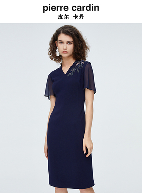 皮尔卡丹女装夏季新款藏蓝色网纱短袖绣花连衣裙P4221D4091L0