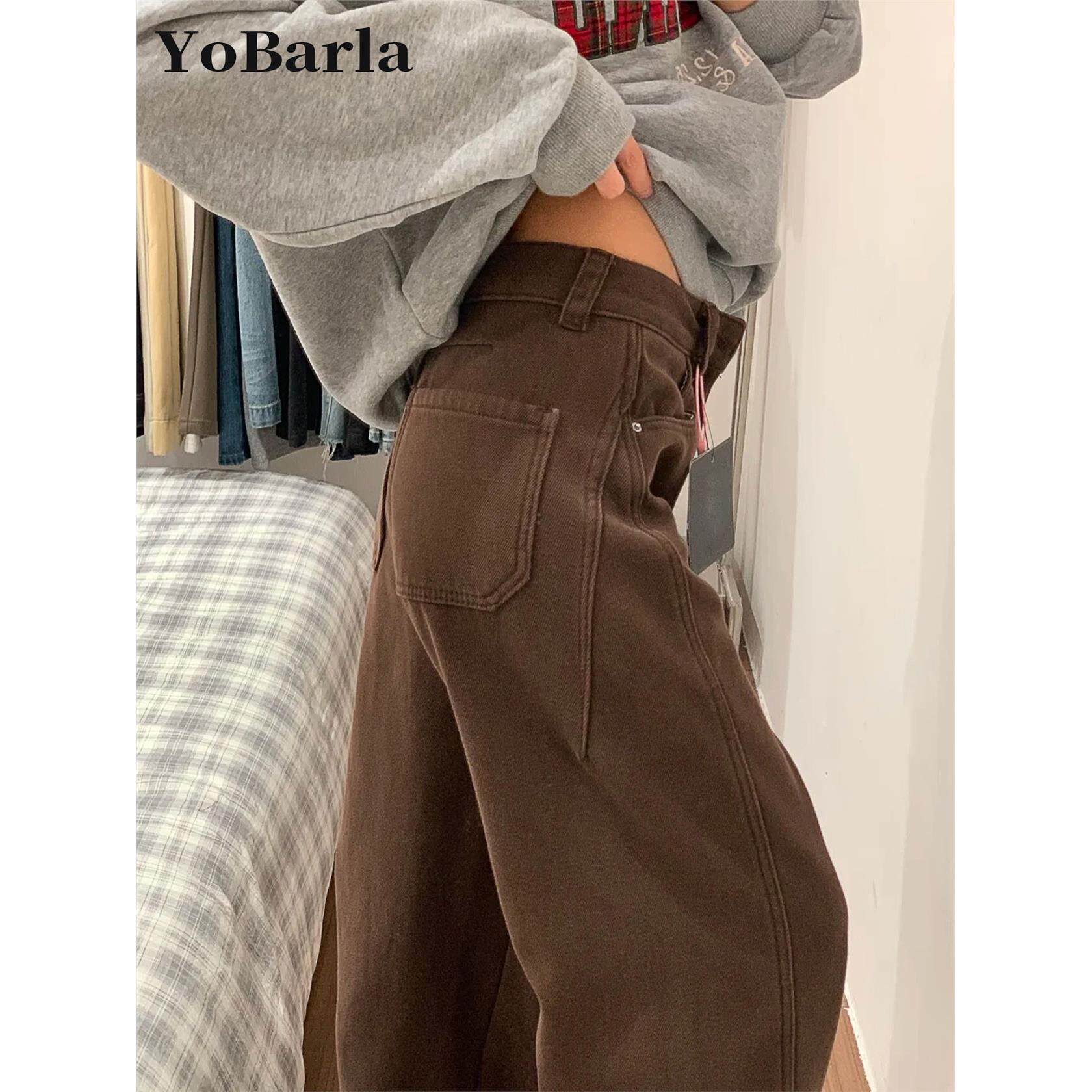 棕色阔腿牛仔裤女秋冬加绒加厚胖mm梨型身材宽松显瘦大码直筒裤子