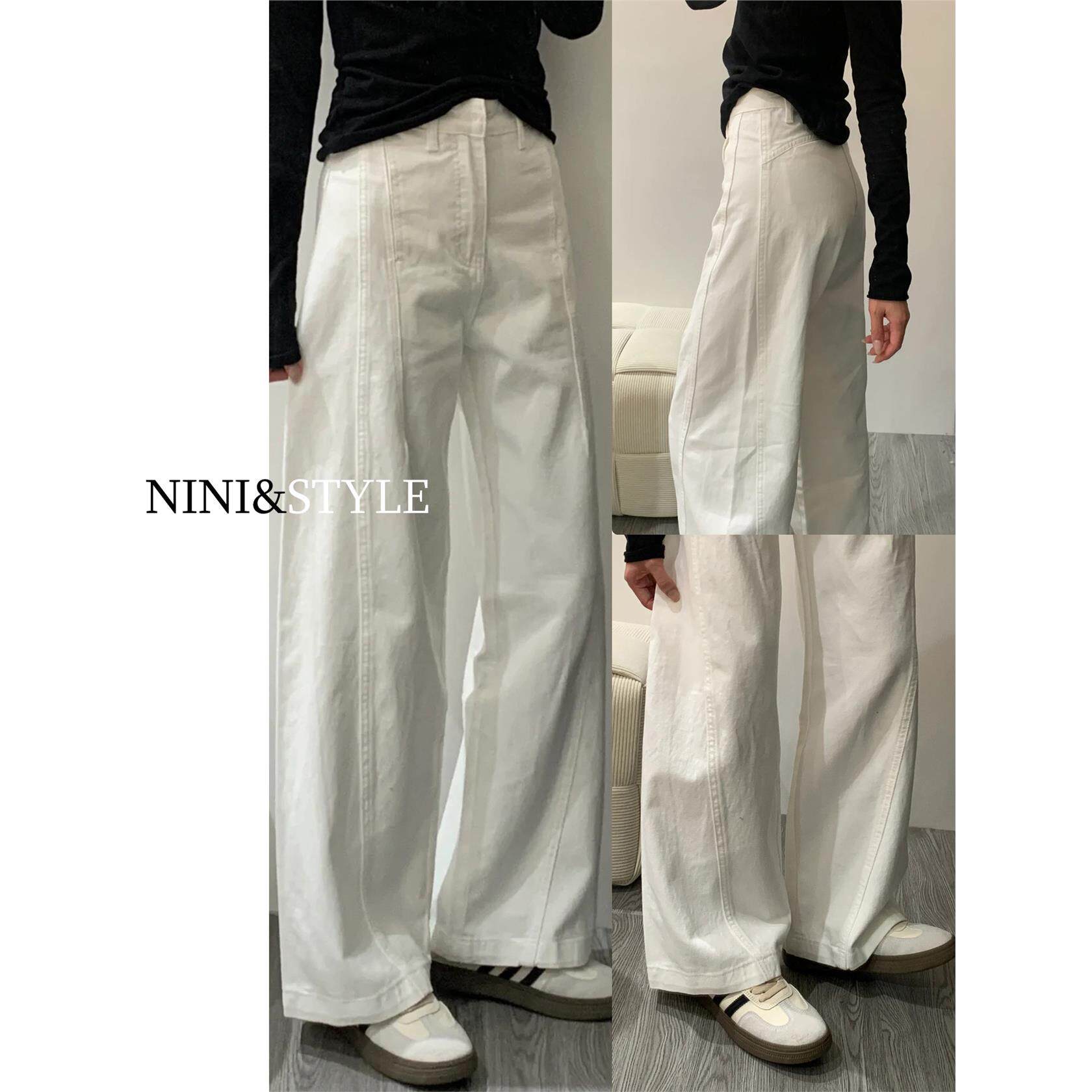 米白色弯刀牛仔裤女2025秋季新款高腰宽松直筒垂感小个子阔腿裤子