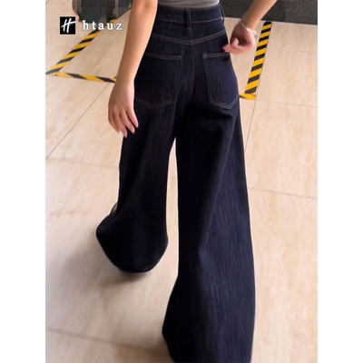 美式深蓝色阔腿牛仔裤女2