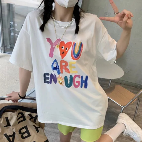 女韩版短袖宽松潮百搭T恤小众白色设计英文220G半袖纯棉印花涂鸦