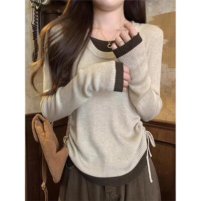 法式撞色u领抽绳假两件毛