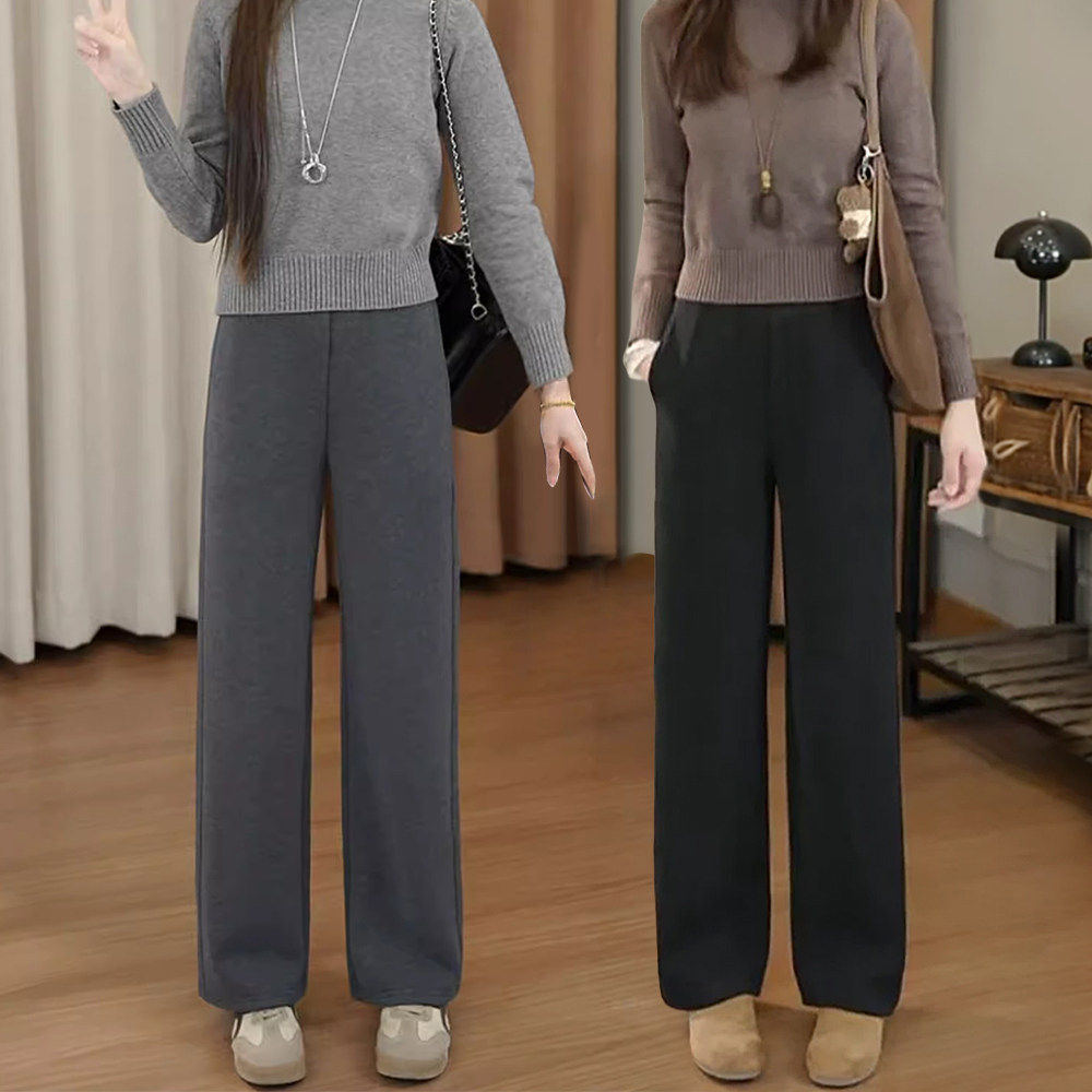 黑色窄版直筒羊毛休闲裤女秋冬加绒2025新款小个子高腰显瘦阔腿裤