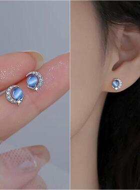 星月耳钉S999纯银猫眼石小众高级耳环网红感新款女轻奢耳精致百搭