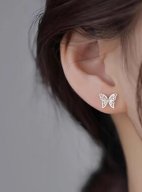 S999纯银双层蝴蝶耳钉新款爆款轻奢小众耳环高级感女耳饰气质百搭