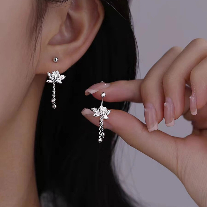 S999纯银莲花流苏耳钉女款