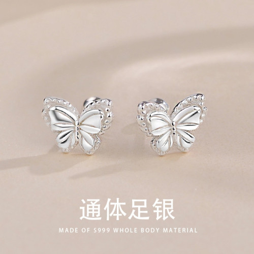 S999纯银立体蝴蝶螺丝耳钉