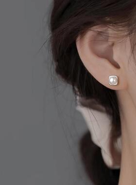 S999纯银几何珍珠耳钉新款爆款网红百搭气质高级感轻奢小众设计女