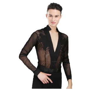新款拉丁舞衣男士表演服长袖网纱镂空黑色绣花上衣演出服亮钻伦巴