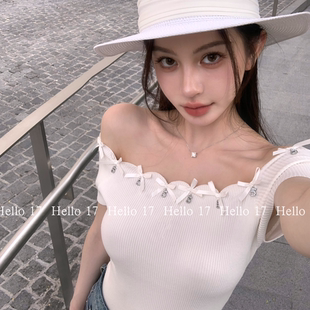 蝴蝶结T恤显瘦上衣女 Hello 17「N°5小姐」一字肩弹力针织衫