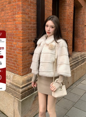 Hello17 【悉尼晨光】环保毛皮草女翻领加厚保暖短款毛毛外套