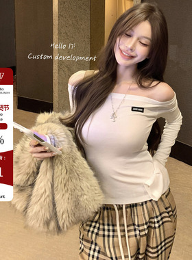 Hello17【M*iu系少女】一字肩长袖T恤女修身显瘦打底莫代尔