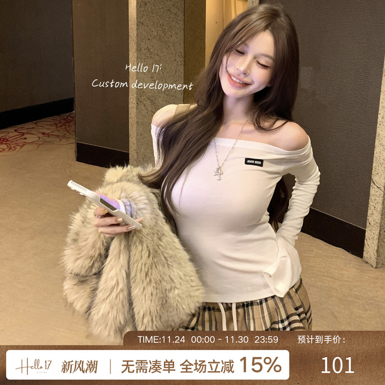 Hello17一字肩长袖T恤