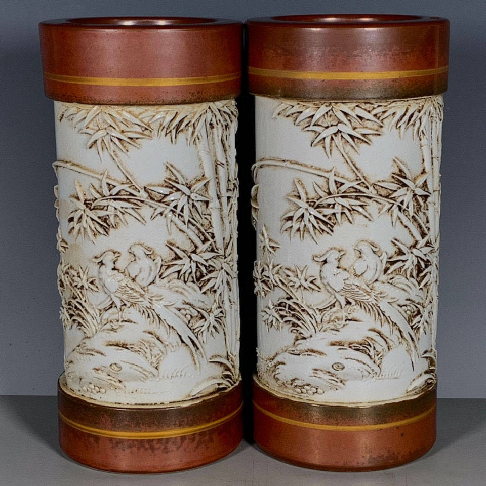 王炳荣雕刻花鸟图纹帽筒摆件一对 包老包真 全品开门古瓷收藏旧货