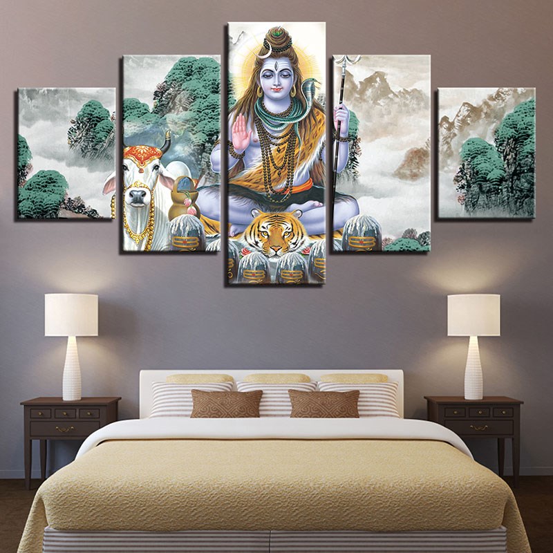 5 Pieces Modular Canvas Painting Hindu God Shiva God Beast
