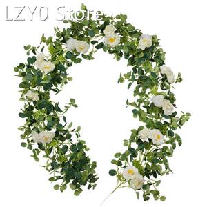 Eucalyptus Garland with 20 White Camellias 6.56 Ft Artificia