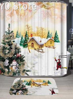 Merry Christmas Shower Curtain and Mat with 12 Hooks Polyest