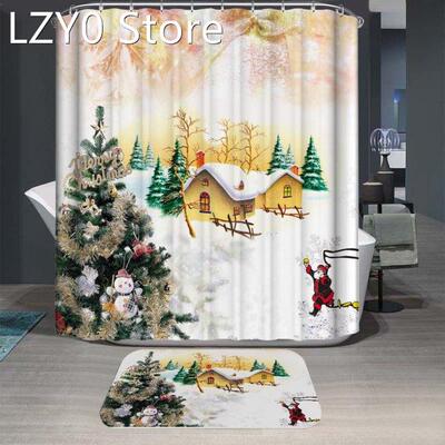Merry Christmas Shower Curtain and Mat with 12 Hooks Polyest
