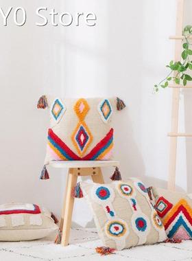 45x45cm Rainbow Striped Tufted Throw Pillow Case Bohemian Ta