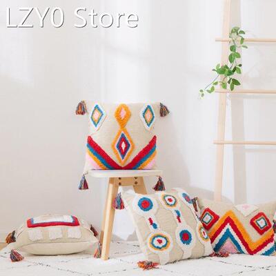 45x45cm Rainbow Striped Tufted Throw Pillow Case Bohemian Ta