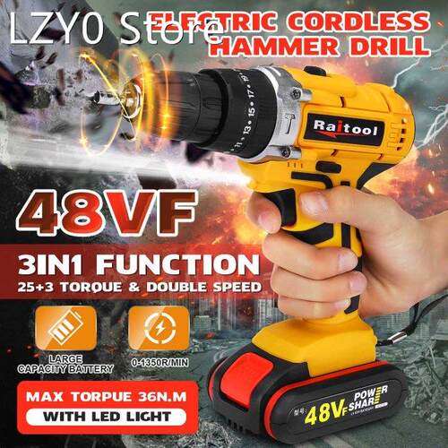 Raitool 48VF Cordless Electric Impact Drill Rechargeable 3/8