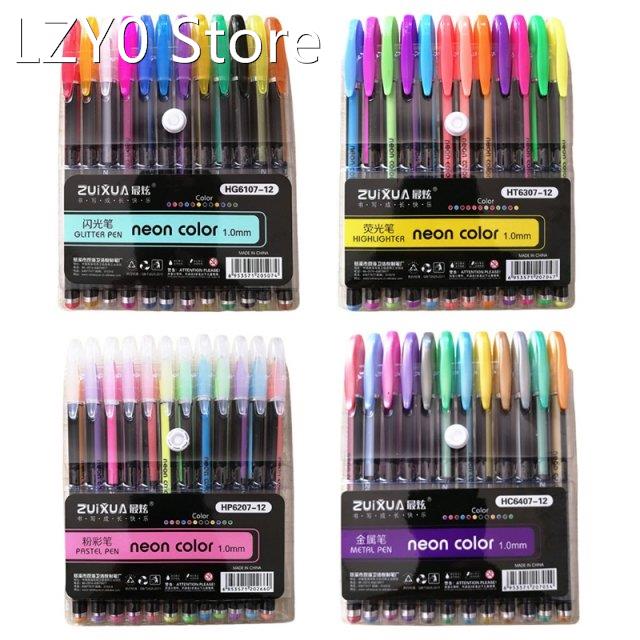 12 Colors Gel Pen Set Glitter Highlighter Pastel Pens for Sc