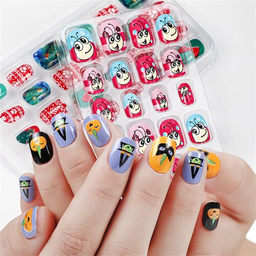 24Pcs/Set Candy False Nail Tips Press On Children Cartoon F