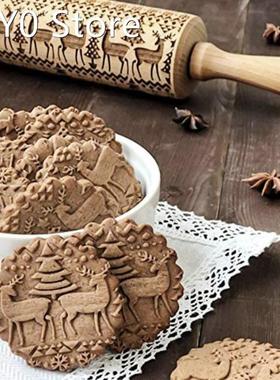 Christmas Elk Snowflake Wooden Rolling Pin Embossing Baking