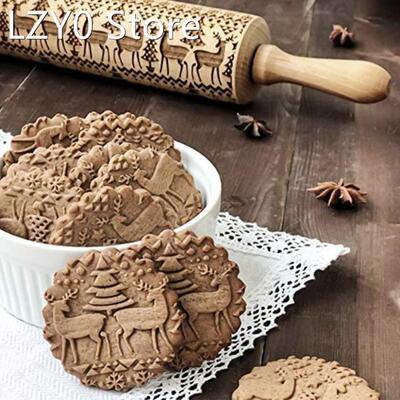Christmas Elk Snowflake Wooden Rolling Pin Embossing Baking