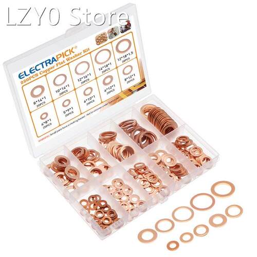 220pcs M4-M14 Copper Washers Sealing Flat Rings Copper Flat