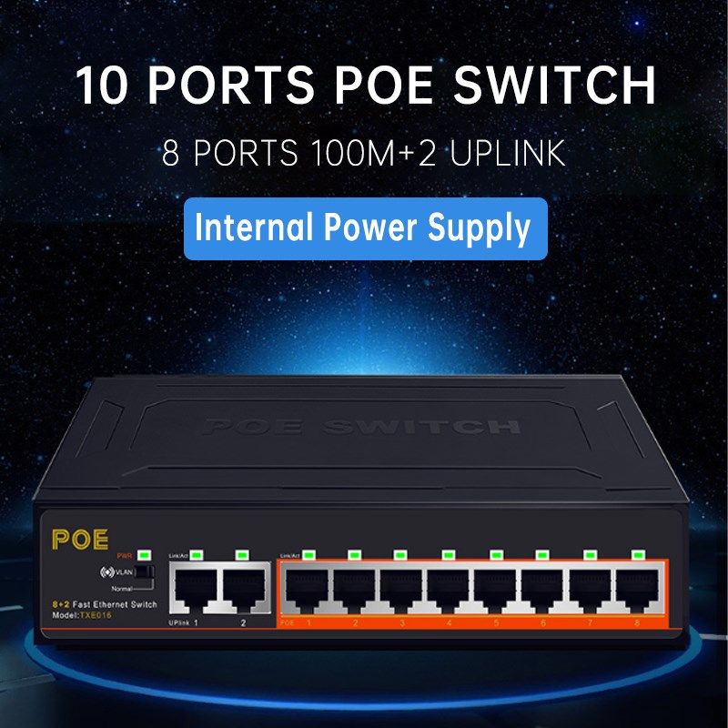 8+2 Ports 10/100Mbps PoE Switch Injector Power over Etherne
