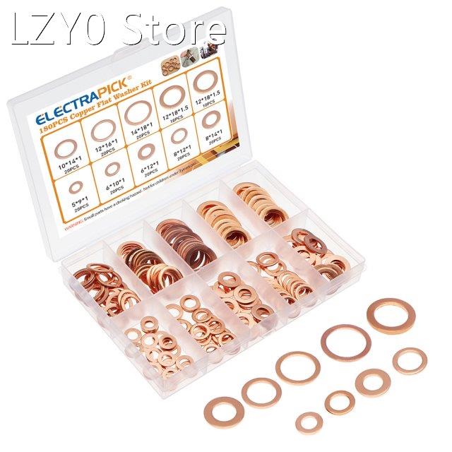 180pcs Flat Copper Washers Sealing Rings Flat Assortment Bra