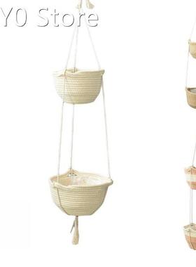 Cotton Linen Round Woven Basket Hanging Planters 2-Tier Hang