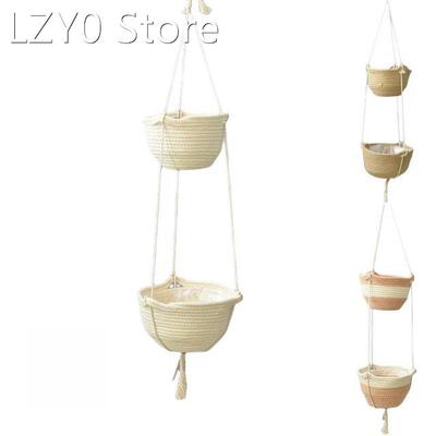 Cotton Linen Round Woven Basket Hanging Planters 2-Tier Hang