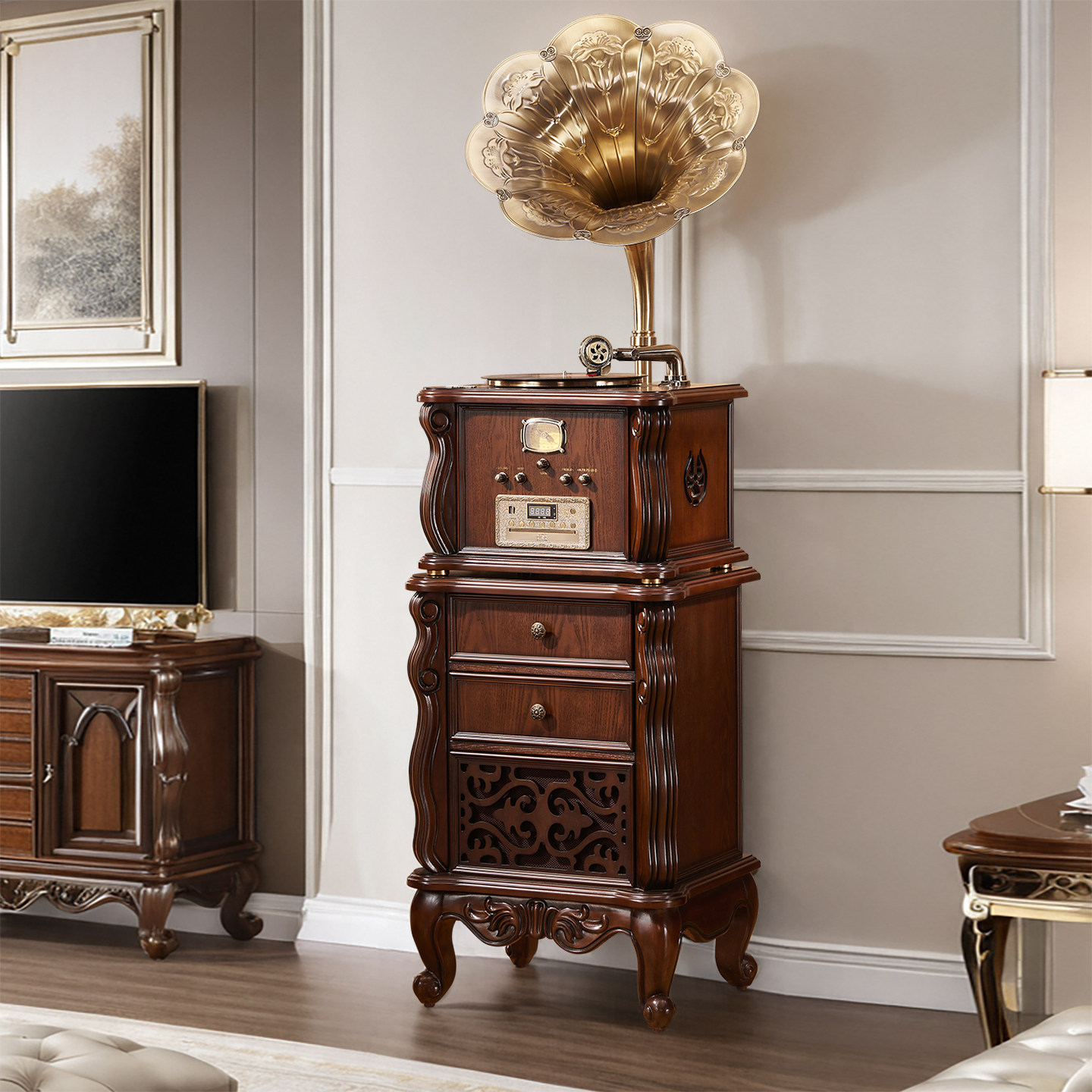 圣利纳留声机复古客厅欧式美式黑胶唱片机音响实木摆件老式电唱机