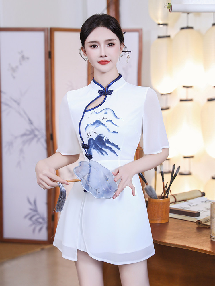 夏季连衣裙女中式旗袍高级气质套装新款茶艺师采耳足浴技师工作服