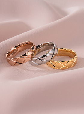 菱格戒指小香风不锈钢18k钛钢ins网红防掉色个性复古宽指环新款