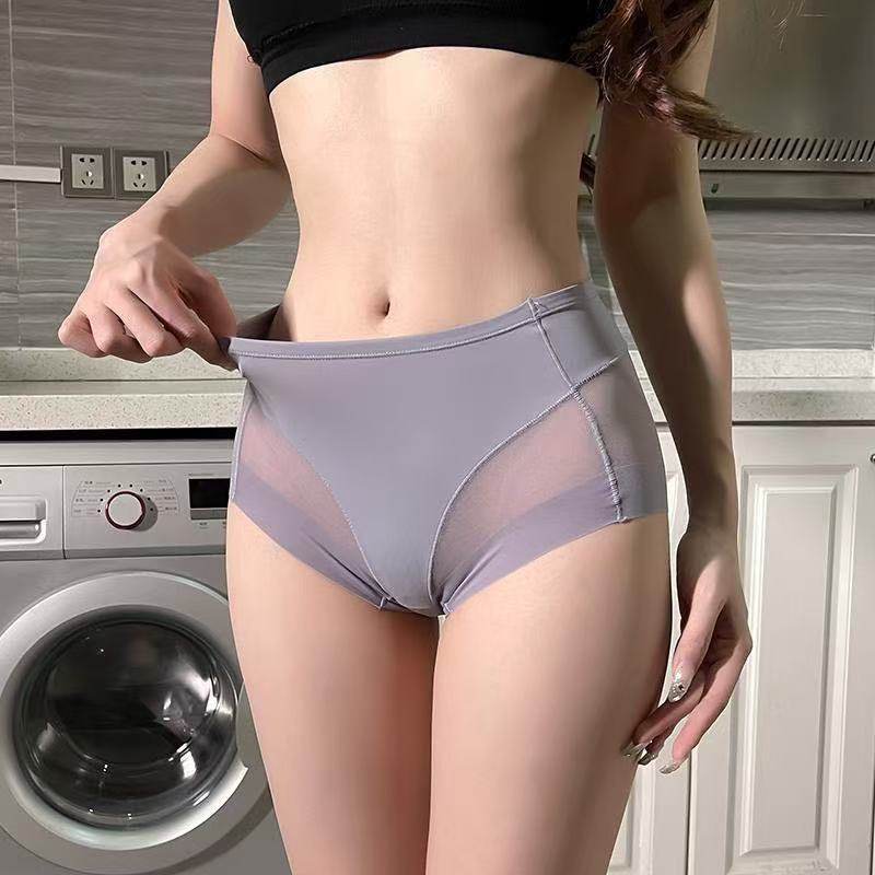 中腰网纱拼接冰丝三角内裤女夏季薄款性感无痕大码收腹美体裤