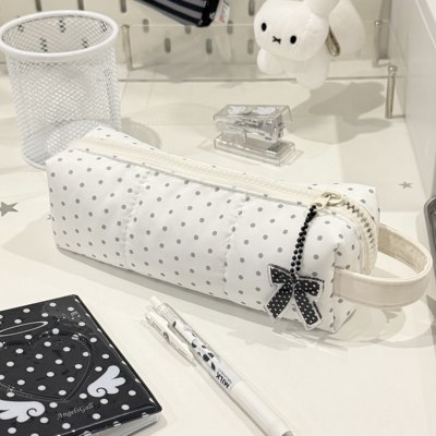 韩系ins简约波点印花手提笔袋学生高颜值多功能文具收纳袋铅笔袋