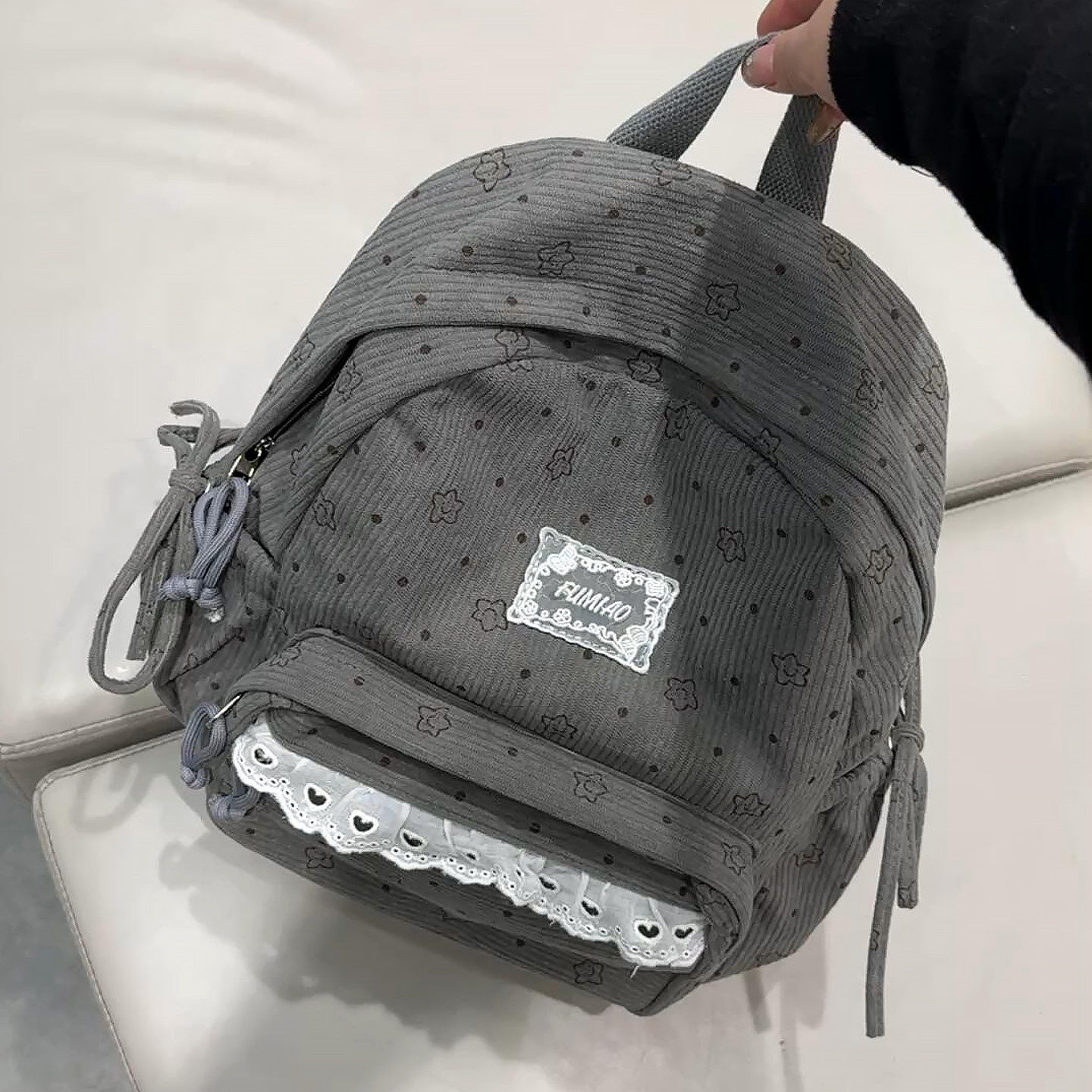 波点碎花书包初高中女生2025新款灯芯绒双肩包大学生上课通勤背包