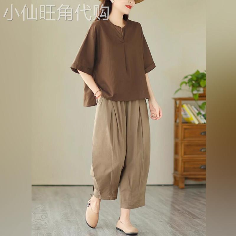 潮牌休闲棉麻套装女2026夏新款洋派妈妈复古宽松大尺码灯笼裤两件