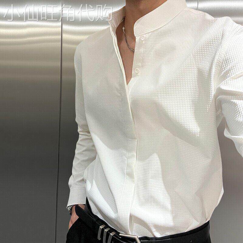 香港高级感中式立领衬衫男长袖秋季高端商务男士白色衬衣宽松高端