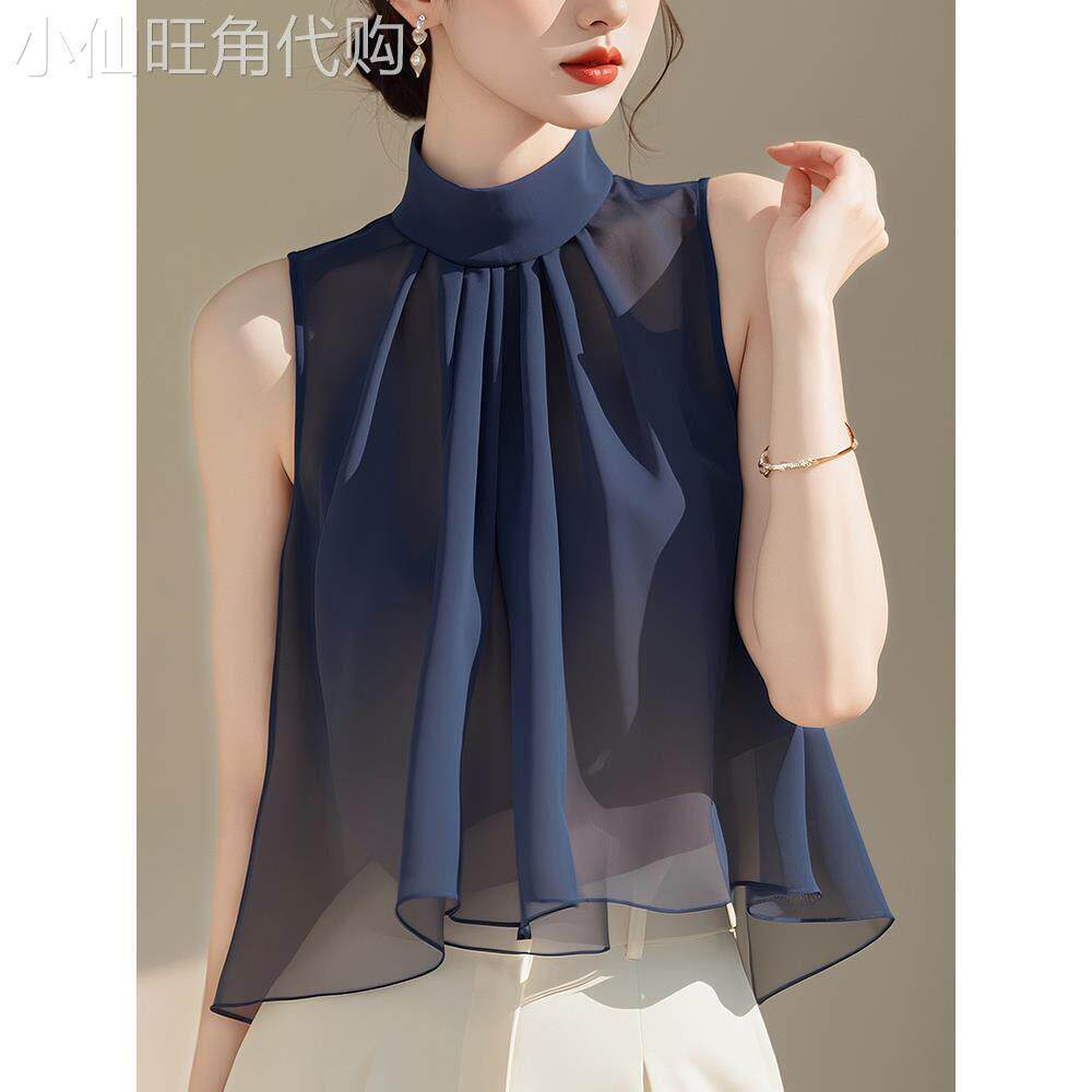 法式轻奢蓝色无袖雪纺衬衫女设计感小众夏季独特别致漂亮小衫上衣