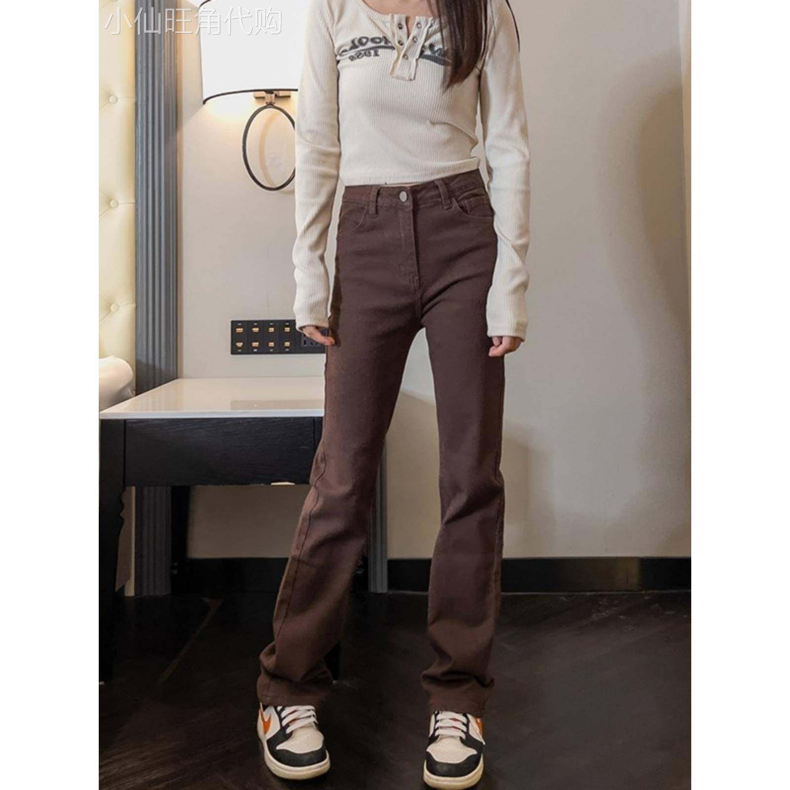 棕色牛仔裤女夏季窄版高腰加长高个子2025新款覆古薄款烟管直筒裤