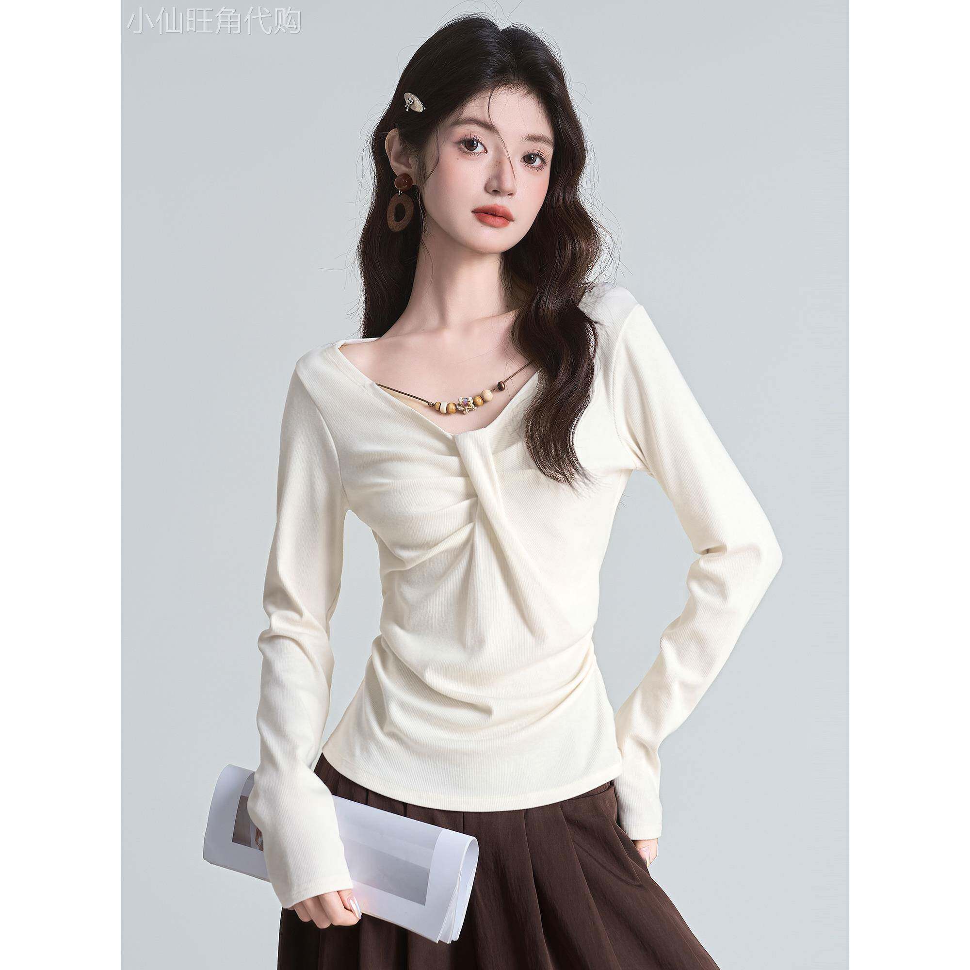 v领长袖t恤女秋冬季2025新款外穿时尚洋气修身显瘦内搭打底衫上衣