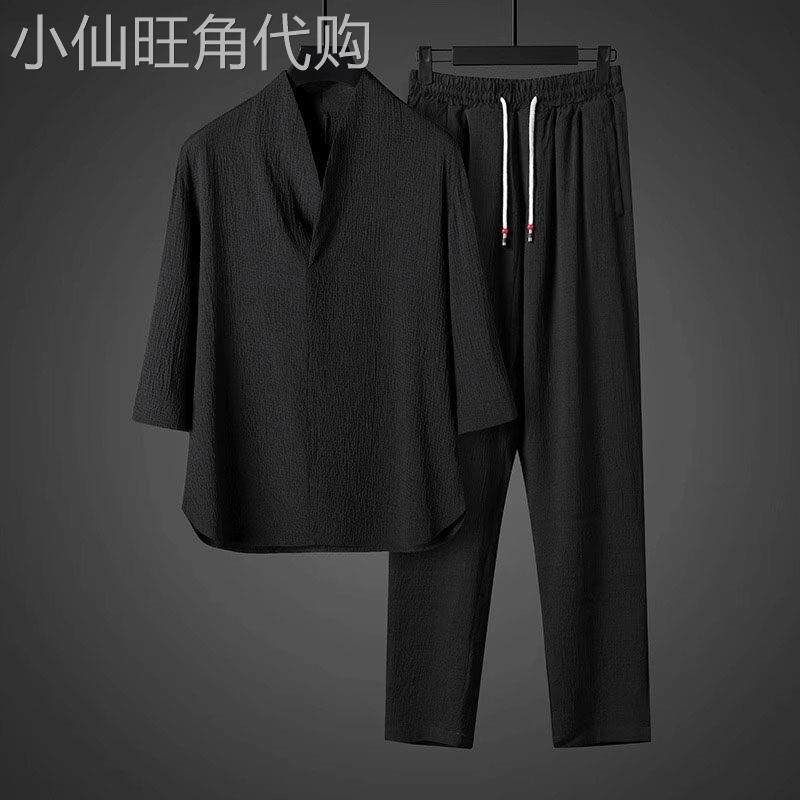 高端新中式冰丝短袖t恤男士夏季套装2025新款V领国风汉服男款夏装