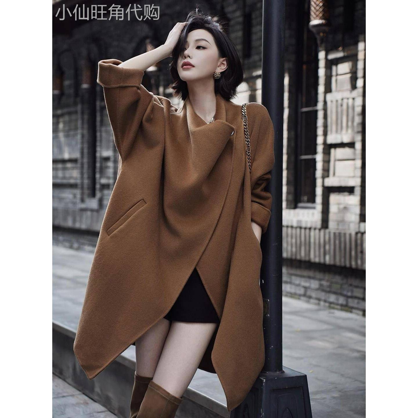 棕色双面羊毛呢子大衣女秋季2025新款高级感不规则中长款毛呢外套
