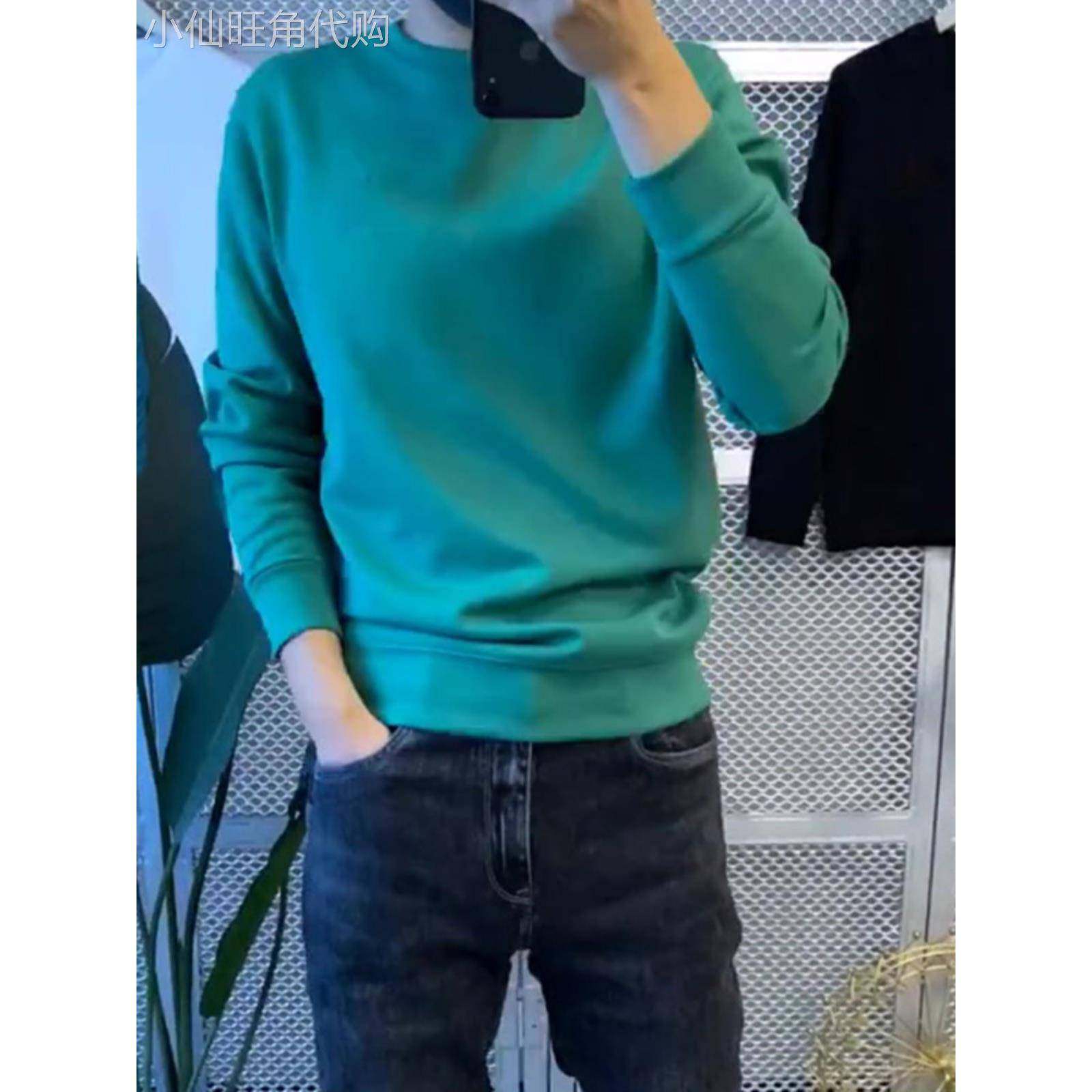 香港秋冬季纯色修身套头卫衣男圆领白色长袖T恤百搭时尚加绒外穿