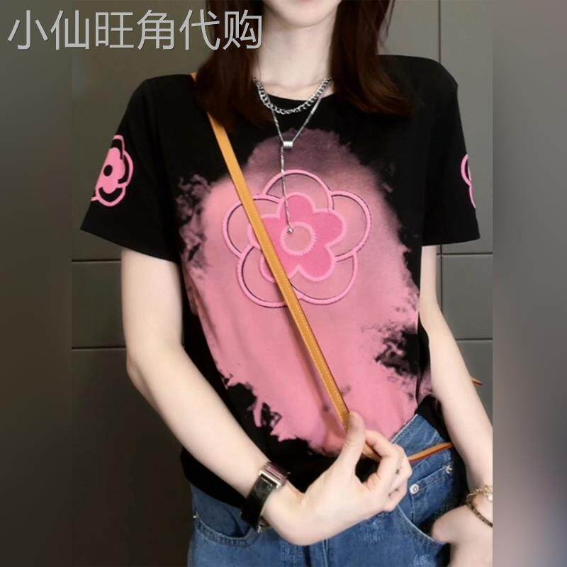 潮牌纯棉正肩短袖T恤女夏季大尺码胖mm显瘦遮肚子修身半袖上衣T恤