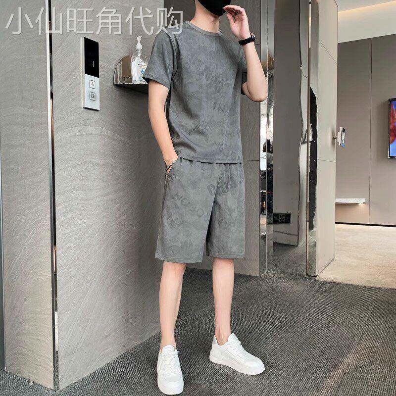高端冰丝运动休闲套装男士2026年新款夏季潮流短袖短裤两件套男款